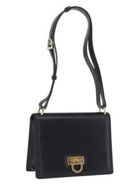 Salvatore Ferragamo Gancini Shoulder Bag Leather Navy Gold Auth 165428